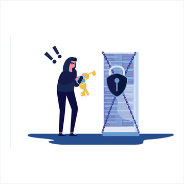 Hacker with keys attempts to unlock secured server room protected by chains and padlock.