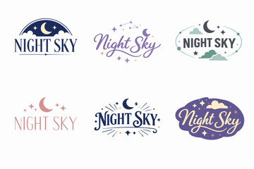 Fototapeta premium Six different logo designs with typography for 'night sky', showing various arrangements of celestial elements and dreamy aesthetics