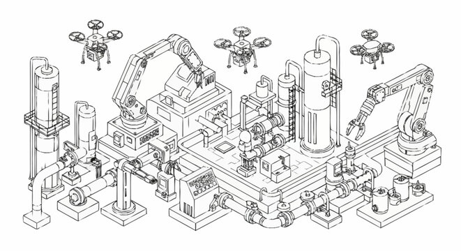 Modern automated factory with robotic arms and drones, illustrating industrial automation and future manufacturing processes.