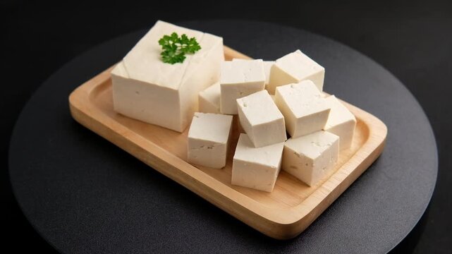 Sliced block tofu,Hard white Tofu soy bean curd on a wooden plate.