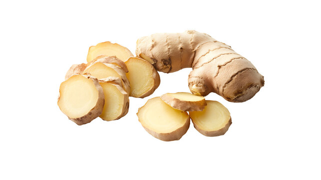 Fresh ginger root and slices on transparent background