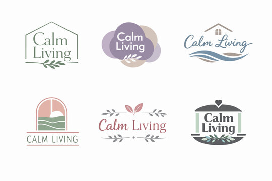 Calm living branding logo designs array showcasing natural elements and minimalist pastel color palettes