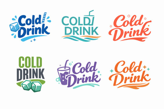 Collection of cold drink logos presenting refresh refreshing beverages with ice, splashes, and stylized typography for bars
