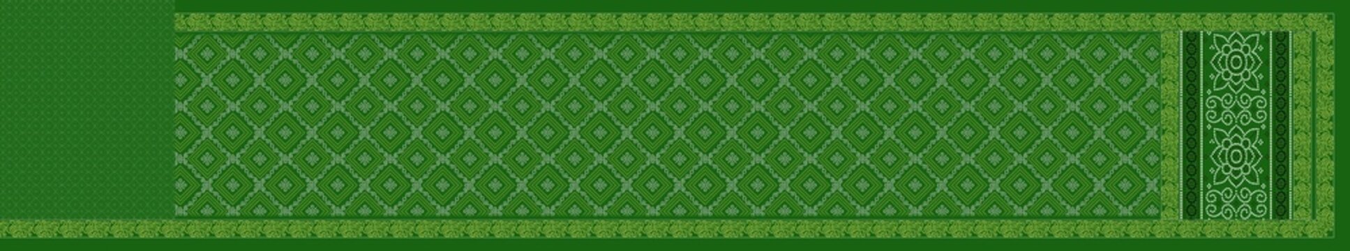 Traditional Indian green saree layout design with ethnic bandhini pattern, decorative pallu and ornamental borders for textile printing.