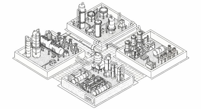 Industrial complex with multiple processing units and storage tanks, presented in a clean line art isometric view.