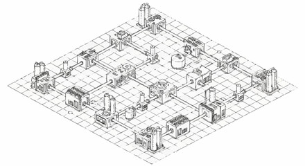 Obraz premium Isometric view of a complex industrial factory layout with interconnected buildings and machinery on a grid.