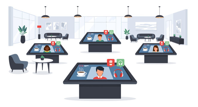 people working on interactive digital touchscreens in modern office space