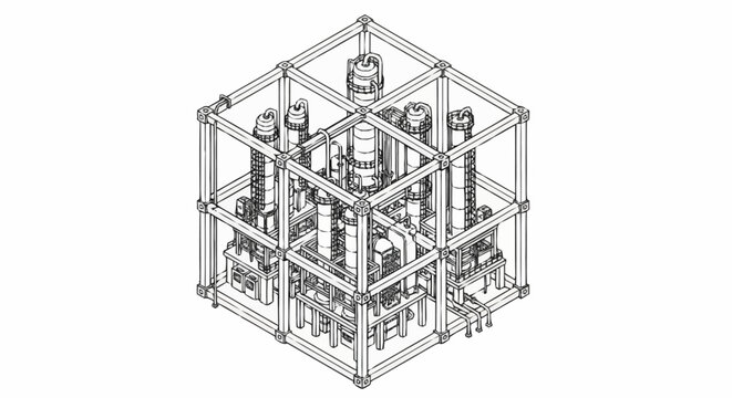 3D wireframe rendering of a complex electrical substation with multiple insulators and conductors.