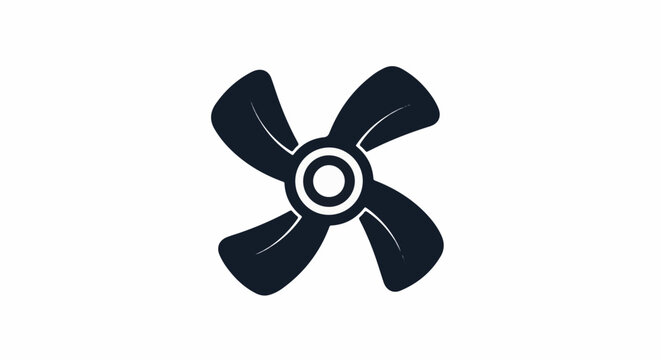 A dark, stylized four-bladed fan rotor against a white background