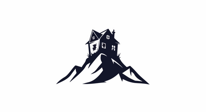 Dark silhouette of a spooky house atop a jagged mountain peak