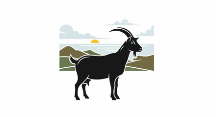 Obraz premium Black goat stands in a rolling, mountainous landscape at sunrise