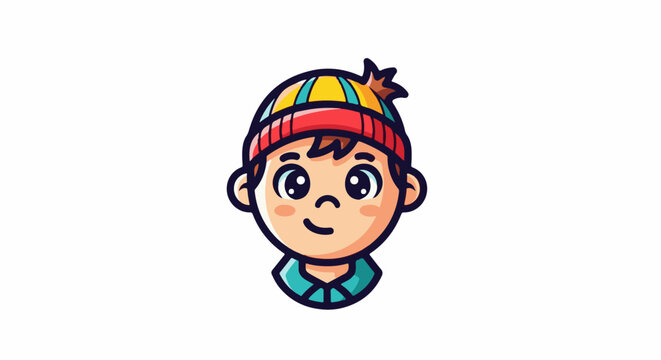 A cute cartoon child wearing a colorful winter hat with a playful expression
