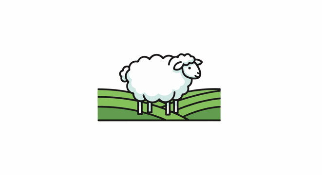 A cute, cartoonish white sheep stands on a stylized green hill landscape