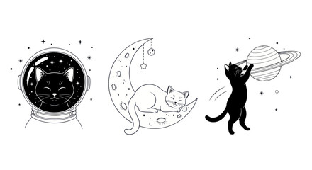 Minimalist space cat illustrations with astronaut kitten and crescent moon in line art style © Dodol Creative Stock