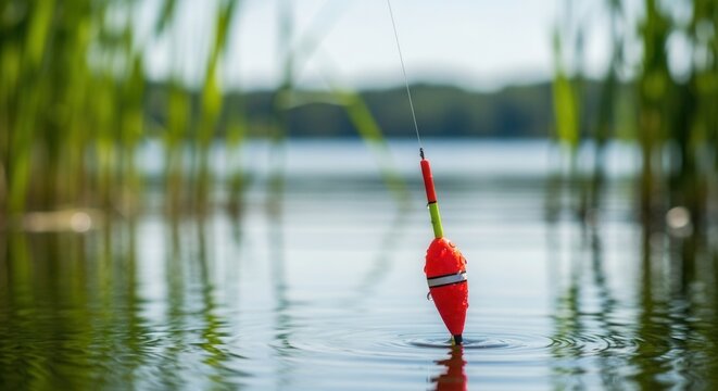 Bright Red Fishing Bobber Floating On Calm Lake Water With Blurred Green Reeds In Background Summer Day