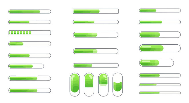 Set of green loading bars and digital progress indicators on a white background