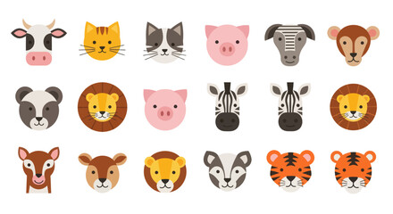 Obraz premium Collection of cute animal face vector icons in flat design style