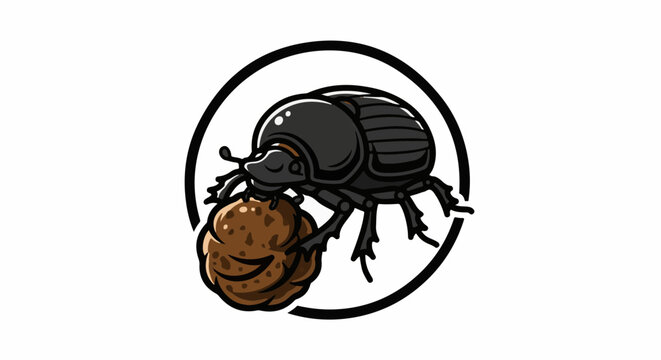 A cartoon dung beetle rolls a ball within a black circle