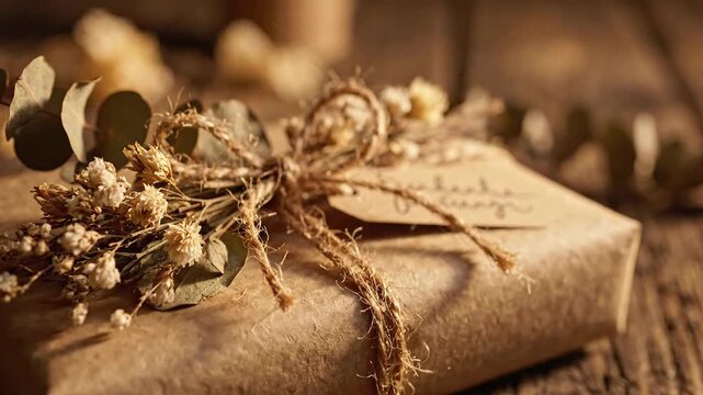 Eco packing gift wrapped with natural twine and dried flowers on rustic wooden table