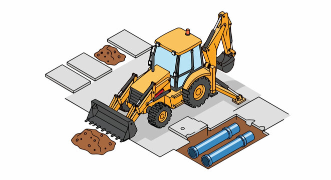 Isometric Backhoe Loader Excavating for Underground Pipe Installation Illustration