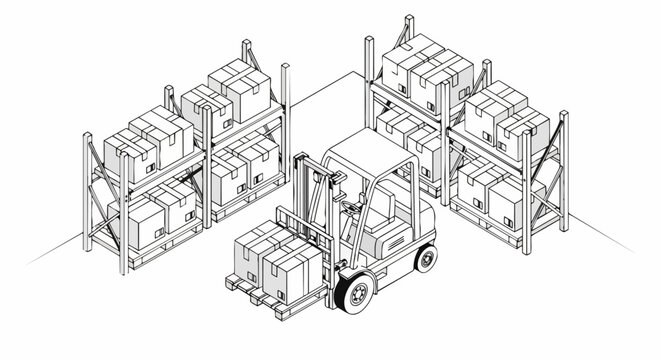 Isometric Warehouse Logistics Illustration with Forklift Truck and Storage Shelves, Black and White Line Art Technical Drawing