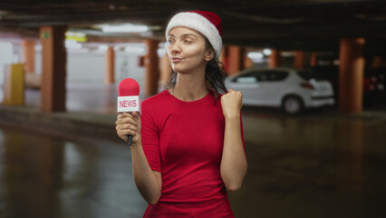 Obraz premium Woman holding a news microphone and wearing a santa hat, gesturing with hand in a parking building; festive reporting.