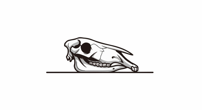 A stylized black and white illustration of a horse skull on a flat line
