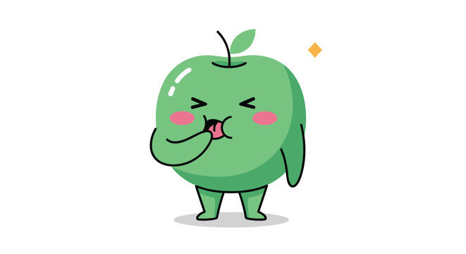 Funny cartoon green apple character with a playful expression sticking its tongue out to represent healthy eating for kids and fun snacks.