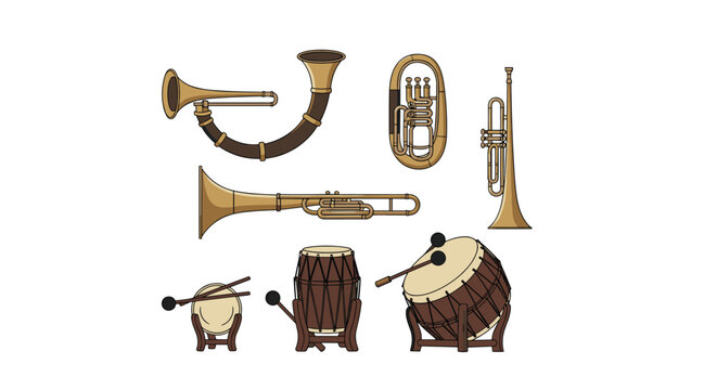 Collection of traditional Korean musical instruments including various drums and wind instruments used in folk music and cultural ceremonies.