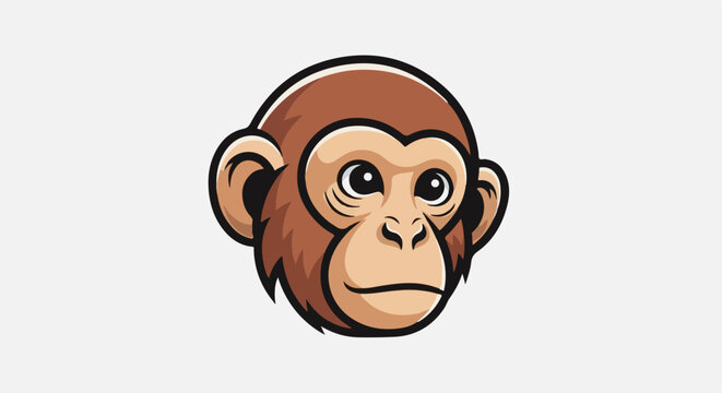 Cartoonish primate face with large eyes, brown fur, and a white background