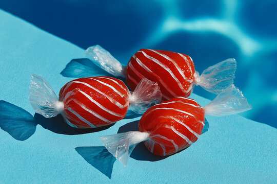 Orange candy styled as fruit with glossy texture on bright blue background with hard light shadows. Creative minimal food concept with surreal juxtaposition.