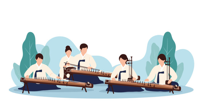 Group of musicians in traditional Korean hanbok attire performing together playing the gayageum and other classic folk instruments.