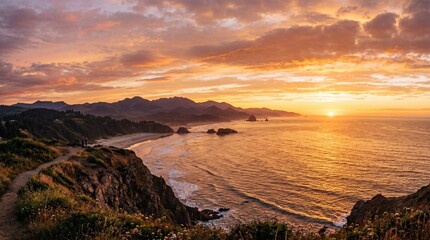 Obraz premium Haystack rock cannon beach sunset over ocean coastline