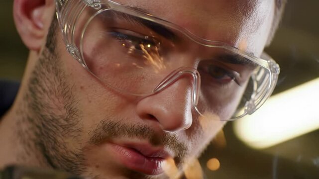 Young caucasian man in clear safety glasses, intensely focused on fiery sparks reflecting on his face in a dark industrial workshop. Skilled craftsmanship and work safety