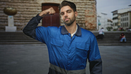 Fototapeta premium Hispanic bearded man in blue work overalls flexes bicep with fist to shoulder, worker posed on stone steps in a city street; pride.