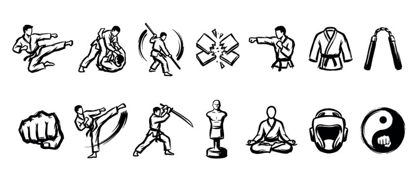 Set of hand-drawn martial arts icons showing various combat sports techniques, weapons, and symbols in a black ink brush stroke style for self-defense and training concepts