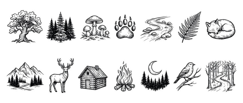 Collection of hand-drawn forest and camping icons featuring a deer, fox, mountain, log cabin, and campfire, rendered in a detailed black and white sketch style