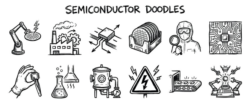 Hand-drawn semiconductor industry icon set with robotic arms, silicon wafers, microchips, and factory equipment in a black and white doodle sketch style illustration collection