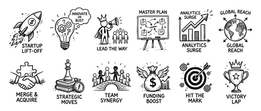 Set of twelve hand-drawn business icons representing concepts like startup, innovation, leadership, strategy, and success in a clean and simple sketch style