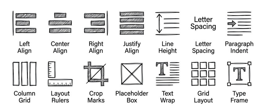 Collection of hand-drawn typography and layout icons showing alignment, spacing, grid, and crop marks in a simple black and white sketch style for graphic design concepts