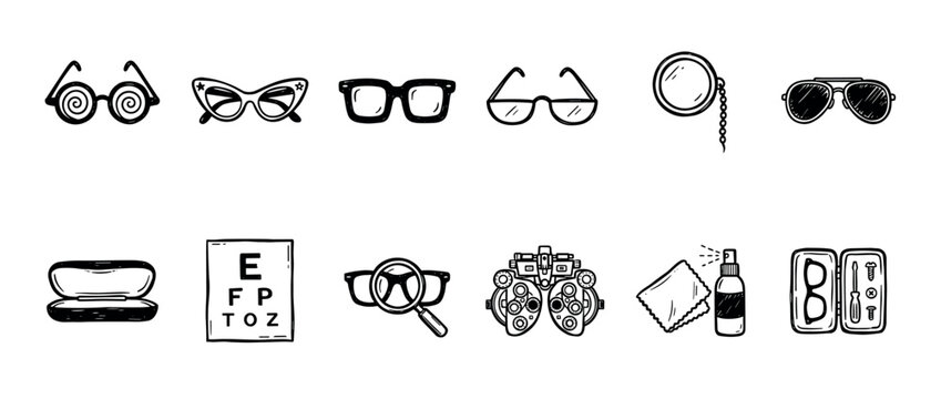 Set of hand-drawn optometry icons featuring various eyeglasses, a phoropter, Snellen chart, and vision care accessories in a black and white doodle illustration style