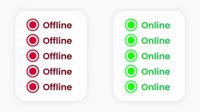 A white card showing two side-by-side columns with five rows each of red Offline and green Online status indicators on a dark background