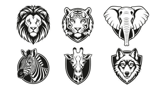 Black and White Animal Head Logos Collection.