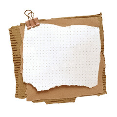 Fototapeta premium Torn dotted notebook paper clipped with binder clip on layered cardboard collage on a transparent background