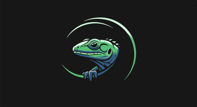 A stylized green and blue reptile peeks out from a green circular frame