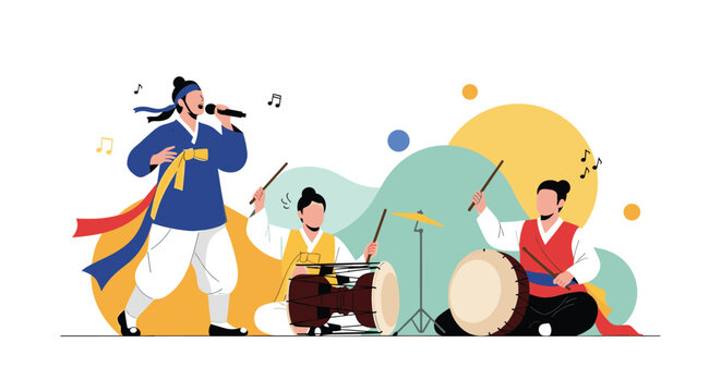 Performance of traditional Korean folk music featuring a singer and musicians playing changgo and buk drums against a colorful background.