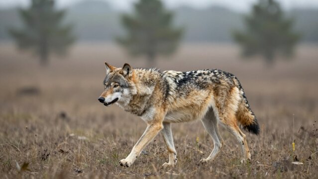 Wolf trotting through dry grassland near distant trees
