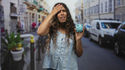 Fototapeta premium Woman holding a blue piggybank with raised hand and smiling on a busy city street, denim top visible; hopeful saving.