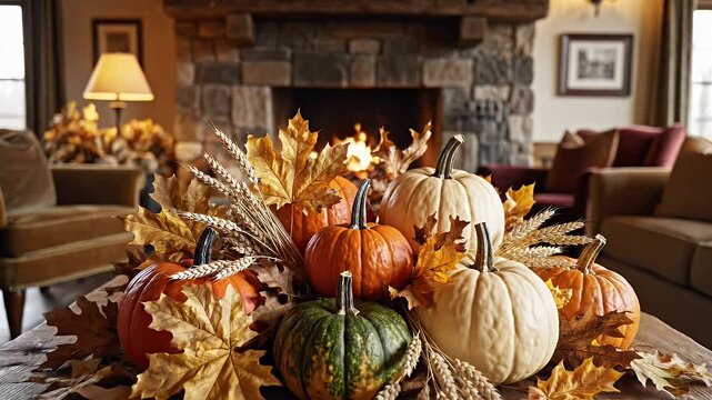 Cozy Autumn Decor with Pumpkins - A warm and inviting living room scene featuring a rustic stone fireplace with a glowing fire.