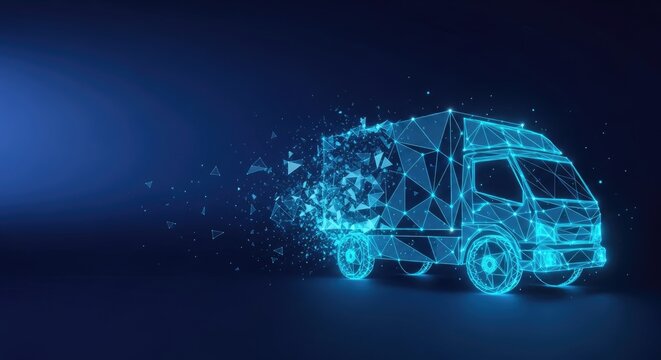 A glowing cyan wireframe delivery truck disintegrates into a trail of geometric shards while moving across a deep navy blue atmospheric digital background.